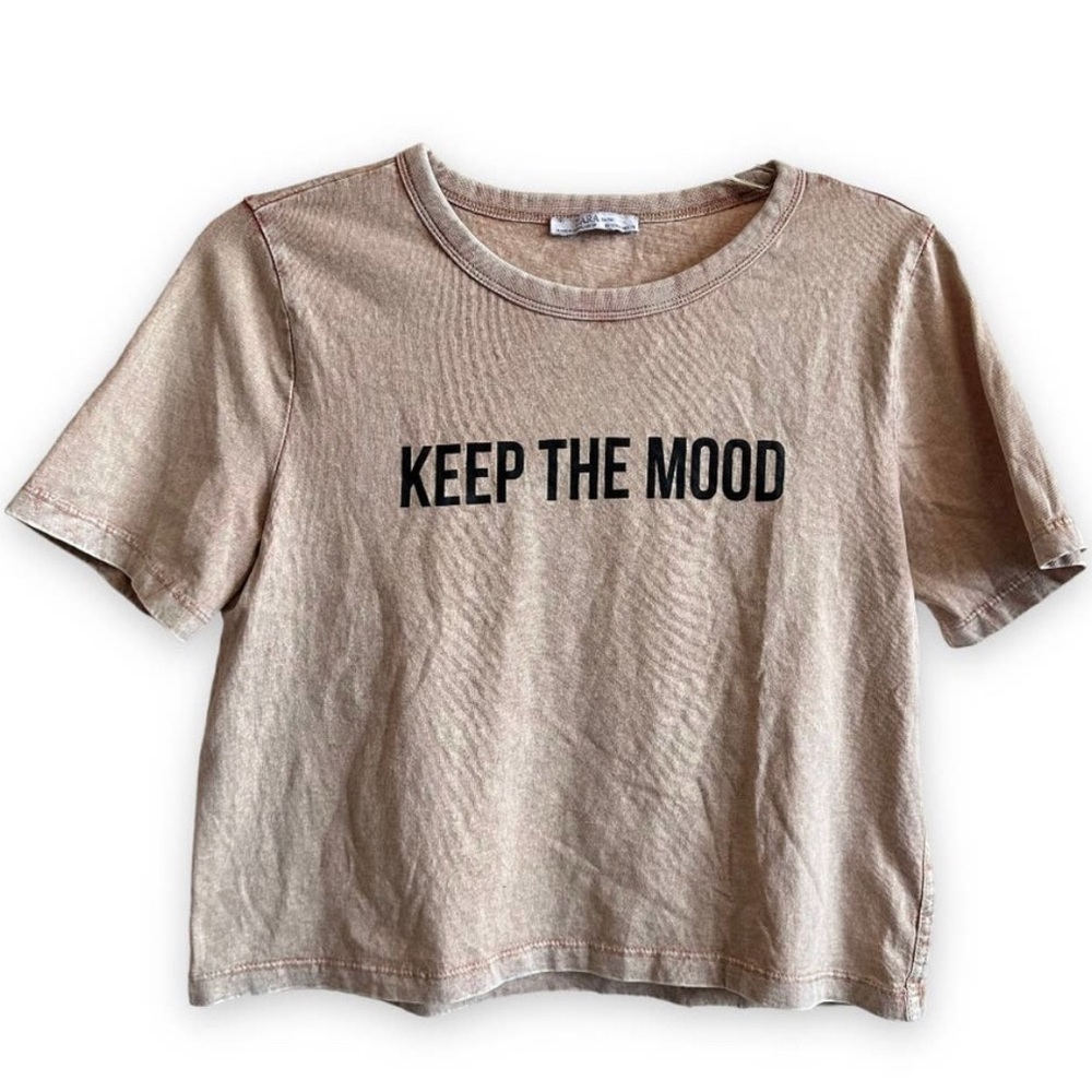 ZARA Keep the Mood Graphic T-Shirt Burnoit Tan Black Size M